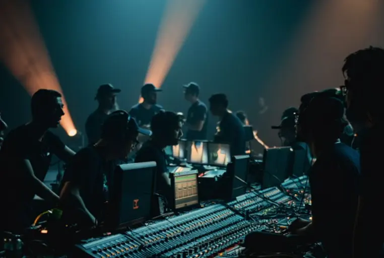 Event technicians managing a live conference from a control desk
