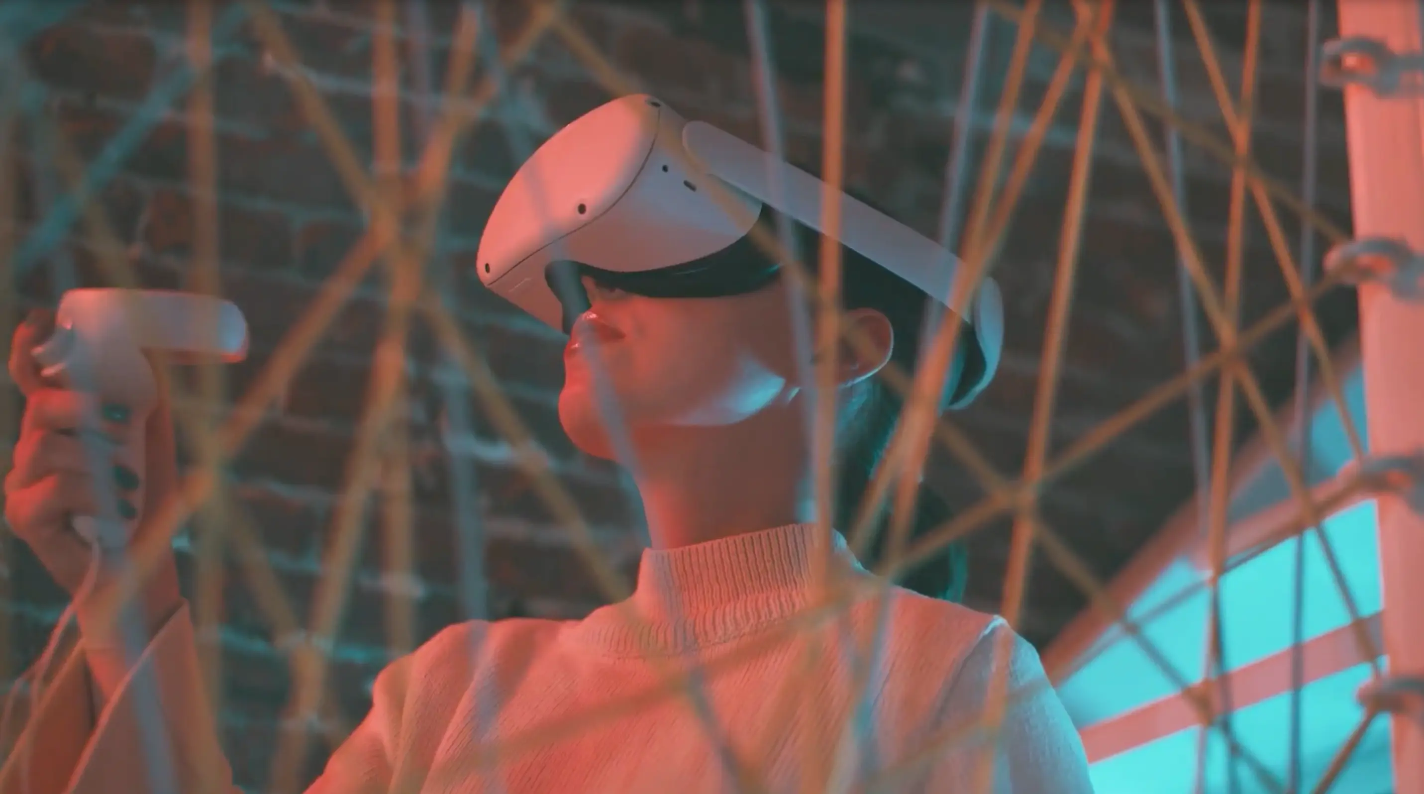 Attendee using a VR headset at an interactive event installation